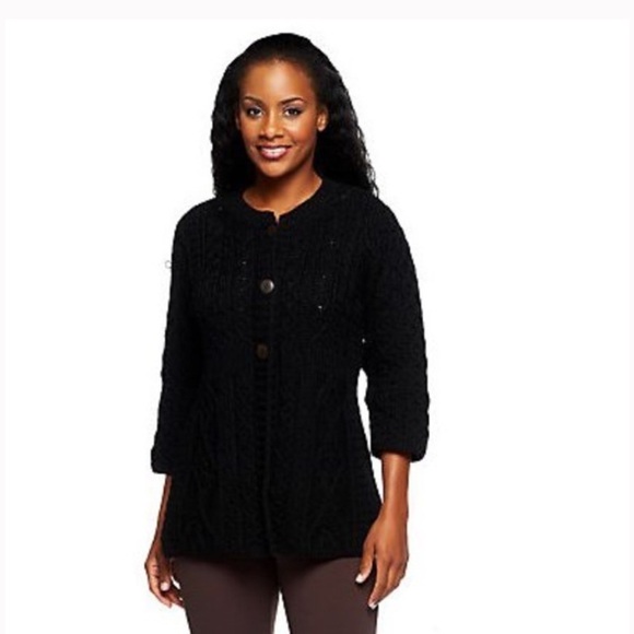 Kilronan Knitwear Cardigan Black XS Pure New Wool Short Sleeve Made in Ireland - Picture 1 of 12